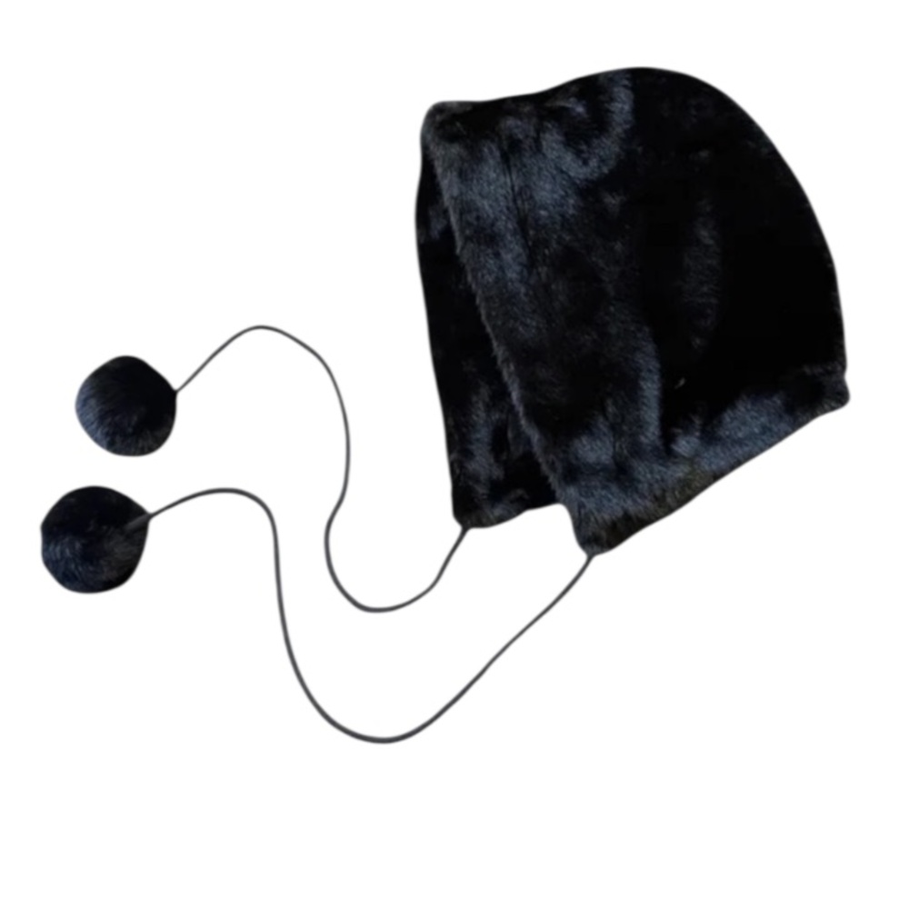 NWT Black Faux Fur Bonnet Hood Hat with Pom Poms
